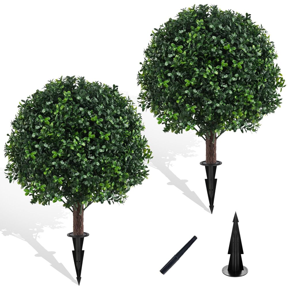 5904 Artificial Boxwood Topiary Ball Bush for Outdoor with Spike, Set of 2
